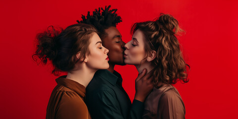 Love Triangle | Polyamores Paar küsst zu dritt - obrazy, fototapety, plakaty