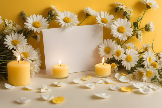 A romantic, minimal and floral concept photo with white daisies, yellow candles and note paper