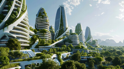 The ecological city of the future with vertical farms and solar panels on each building