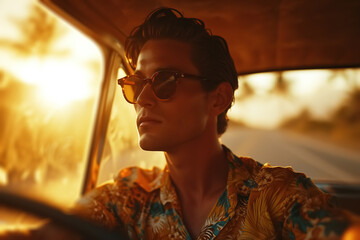 Front view portrait of a handsome stylish guy driver in a summer shirt and sunglasses riding in a car enjoying at sunset or dawn