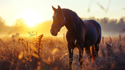 The horse in the background of the rising sun, expressing its power and beauty in a soft morning l - obrazy, fototapety, plakaty
