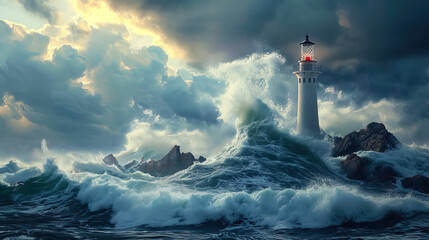 The lighthouse in huge waves that go against the background of the stormy sky symbolizes the strug - obrazy, fototapety, plakaty
