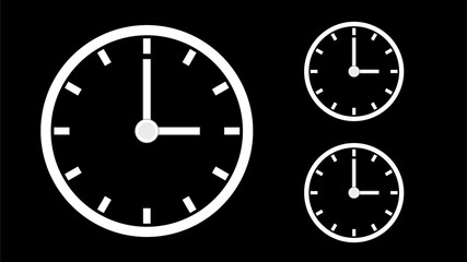 Clock icon, minimal style. arrow show3 hr. from number 12 to 3. on the black background