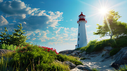 The lighthouse in the bottom of the sunny summer light, creating a contrast with a blue sky and br - obrazy, fototapety, plakaty