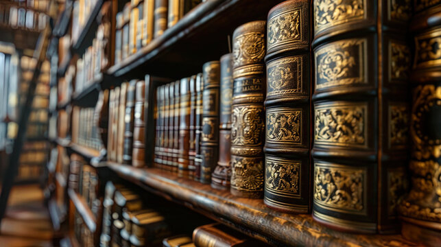 The library, where each book in black leather binding with golden embossed patterns stands as a wo
