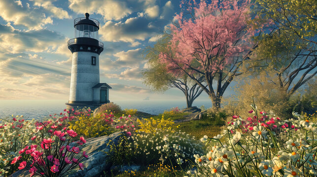 The lighthouse is framed by bright spring flowers, emphasizing its beauty against the background o