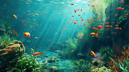 The underwater garden with carals, surrounded by a school of multi color fish