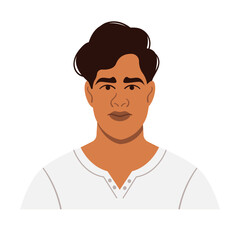 Portrait of a young modern Indian man with lush dark hair. A full-face avatar of a male character in a flat style for social media. Bright vector illustration