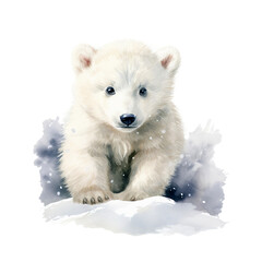 Naklejka premium Polarbärjunges Schnee Aquarell Niedliche Eisbärillustration Jungtier Kinderzimmer Wandkunst Arktische Szene Tierbild