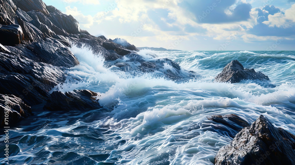 Wall mural Unwavering rocks washed by noisy waves create a landscape with mysterious and strong energy - Wall murals