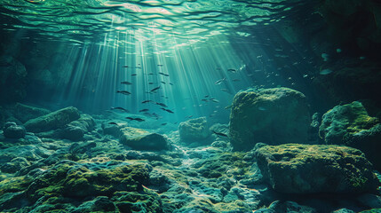 Underwater landscape with emerald punishes around which floating fish circling - obrazy, fototapety, plakaty