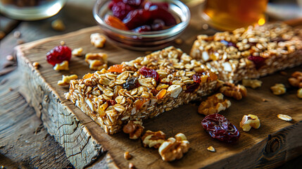 Useful bars made of dried fruits, nuts and honey laid out on a wooden board - obrazy, fototapety, plakaty