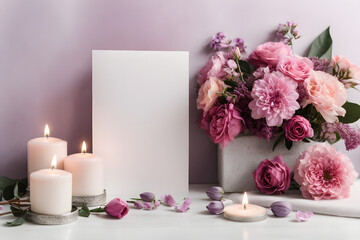 A minimal romantic concept with roses,candles and note paper