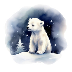 Polarbärjunges Schnee Aquarell Niedliche Eisbärillustration Jungtier Kinderzimmer Wandkunst Arktische Szene Tierbild