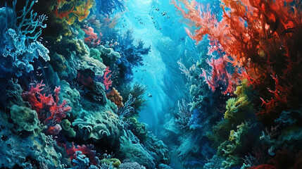 Fototapeta na wymiar Watercolor shades of underwater world with many cauld formations