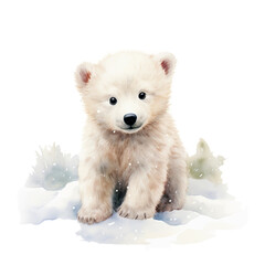 Fototapeta na wymiar Polarbärjunges Schnee Aquarell Niedliche Eisbärillustration Jungtier Kinderzimmer Wandkunst Arktische Szene Tierbild