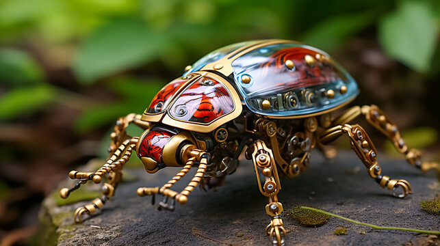 Realistic beetle figurine on the wood with reflection. A realistic looking beetle robot made of precious metals. Close-up. Macro.