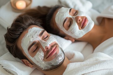 Relaxation together, couple with beauty masks in a spa setting.