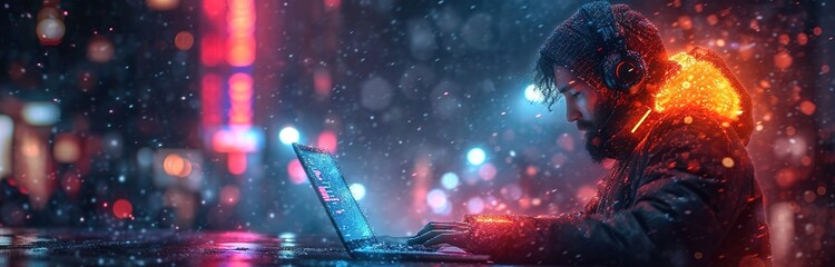 cyber man using his laptop with lights and visuals, in the style of innovative page design, precision engineering, teal and navy, highly polished surfaces, detail-oriented - obrazy, fototapety, plakaty