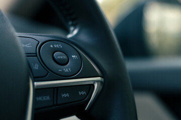 steering wheel buttons for cruise control functions, automatic speed limiter in modern car, shallow depth of field