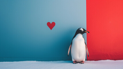 penguin on the blue red background of the wall, wallpaper on the screensaver