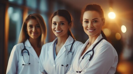 Fototapeta premium Portrait of three charming cheerful female doctors wearing white medical gowns and stethoscopes looking into a camera in a polyclinic. Healthcare, medicine and science concepts.