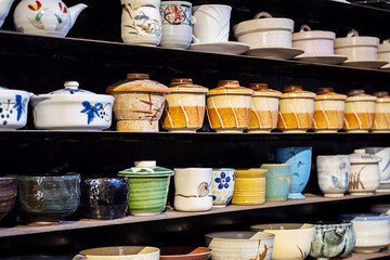 Handmade ceramic pottery on display.