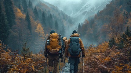 four friends hiking in the mountains, in the style of human-canvas integration, photo-realistic landscapes, studyblr, southern countryside, passage, warmcore, villagecore - obrazy, fototapety, plakaty