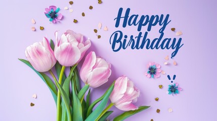 Beautiful tulips on a pastel color background with Happy Birthday inscription