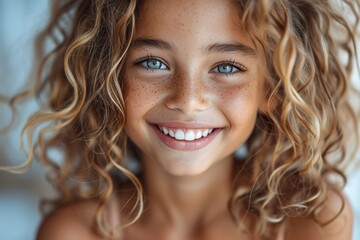 girl laughing with hair curly on white background, in the style of robert munsch, ingrid baars, lit kid, 8k resolution, light cyan and dark brown, ephraim moses lilien - obrazy, fototapety, plakaty
