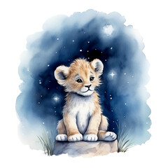 Obraz premium Löwenjunges Nacht Aquarell Niedliche Löwenillustration Jungtier Portrait Kinderzimmer Wandkunst Sternenhimmel Wildtierbild
