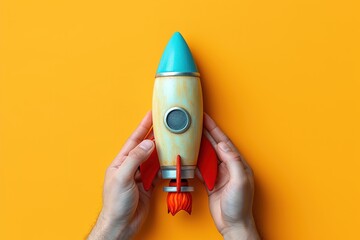 hand drawing a rocket on yellow background, in the style of personal iconography, shaped canvas, light-focused, minimalist backgrounds, back button focus, light white and cyan, stanley pinker - obrazy, fototapety, plakaty