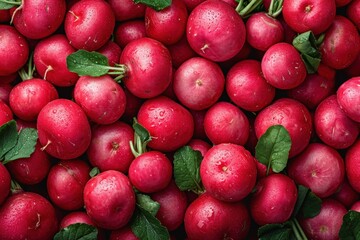 Naklejka na ściany i meble Freshly Harvested Red Radishes With Lush Green Leaves in a Farmers Market Display