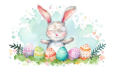 adorable watercolor easter bunny surrounded by colorful eggs