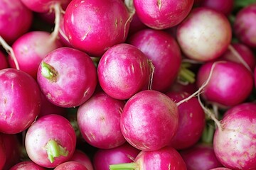 Freshly Harvested Red Radishes With Lush Green Leaves in a Farmers Market Display