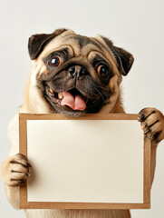 A cute pug dog holding a piece of blank paper on white background
