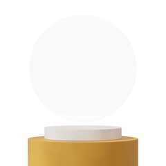 white and yellow cylinder podium in square, glass circle 3d render of transparent background
