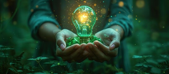 hands hold up an animated green light bulb on a green background, in the style of detailed nature depictions, systems art, scientific diagrams - obrazy, fototapety, plakaty