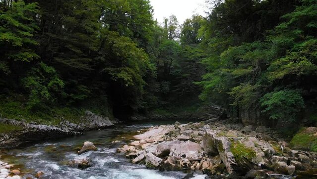 a mountain river with clear water among green trees. the stones are turned by the stream. Tourist place for rest and swimming. Aerial view. western Georgia, Abasha river Martvili