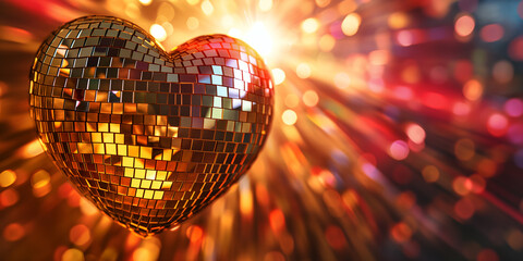 Heart shaped disco ball with shiny bokeh, banner with copy-space