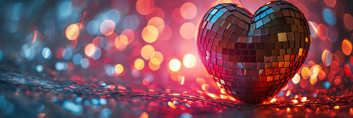 Heart shaped disco ball with shiny bokeh, banner with copy-space