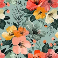 Colorful Flowers and Leaves on Blue Background