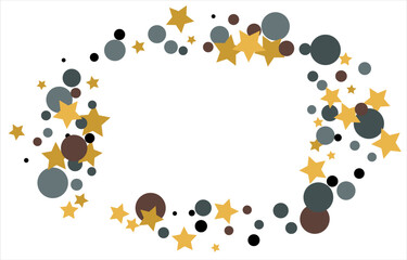 Gold, blue, brown, black confetti with circles and stars. Cosmic shine. Christmas abstract pattern. Beautiful illustration for postcard, banner, web. Background for the image. Vector illustration