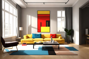 Minimalist interior design of modern living room with chair,sofa cushions,coffee table.Generative AI