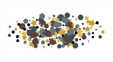 Gold, blue, brown, black confetti with circles and stars. Cosmic shine. Christmas abstract pattern. Beautiful illustration for postcard, banner, web. Background for the image. Vector illustration