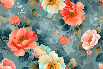 Fototapeta na wymiar Floral pattern with large colorful flowers on turquoise background