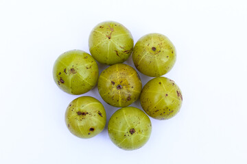 Phyllanthus emblica or Indian gooseberry fruits on white background top view 
