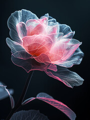 Closeup of a pink rose with semi transparent petals, fantasy flower on black background
