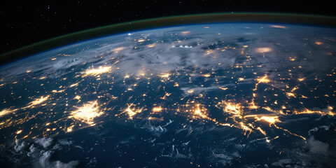 Big city lights view from space. Planet earth globe with night realistic world map. Communication...