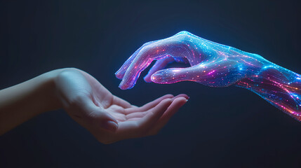 A futuristic bionic hand with wireframe and digital data flowing, palm up, accepting new AI technology concept